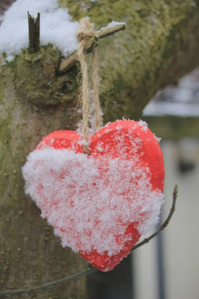 Ornamenti Forma Cuore Legno Rosso Con Neve Fresca Caduta — Foto Stock