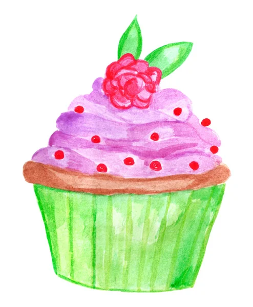 Handbemalte Aquarell Lila Cupcake Mit Rosendekoration — Stockfoto