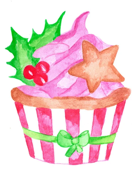 Bolo Natal Pintado Mão Aquarela Rosa Com Bagas Biscoito Gengibre — Fotografia de Stock