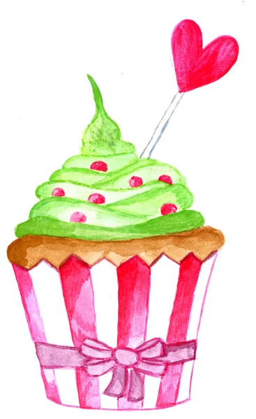 Hand Målade Akvarell Mint Valentine Cupcake Med Hjärta Dekoration — Stockfoto