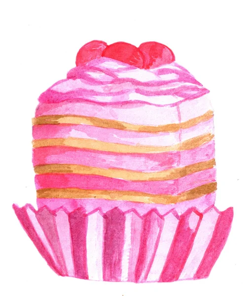 Hand Painted Watercolor Pink Cupcake Raspberries Baking Paper — Stock Photo, Image