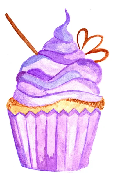 Hand Bemalte Aquarell Lila Cupcake Mit Schokoladendekorationen — Stockfoto