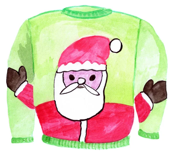 Acuarela Pintada Mano Suéter Navidad Feo Santa Claus Verde —  Fotos de Stock