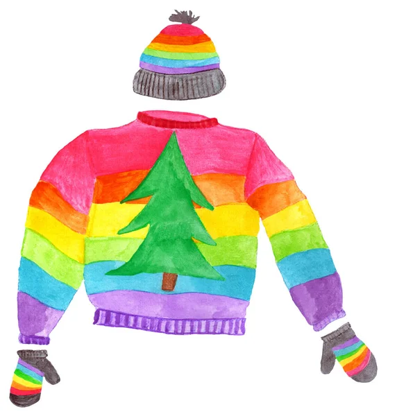 Handbeschilderd Aquarel Lelijk Kerst Trui Gay Pride Regenboog Met Kerstboom — Stockfoto