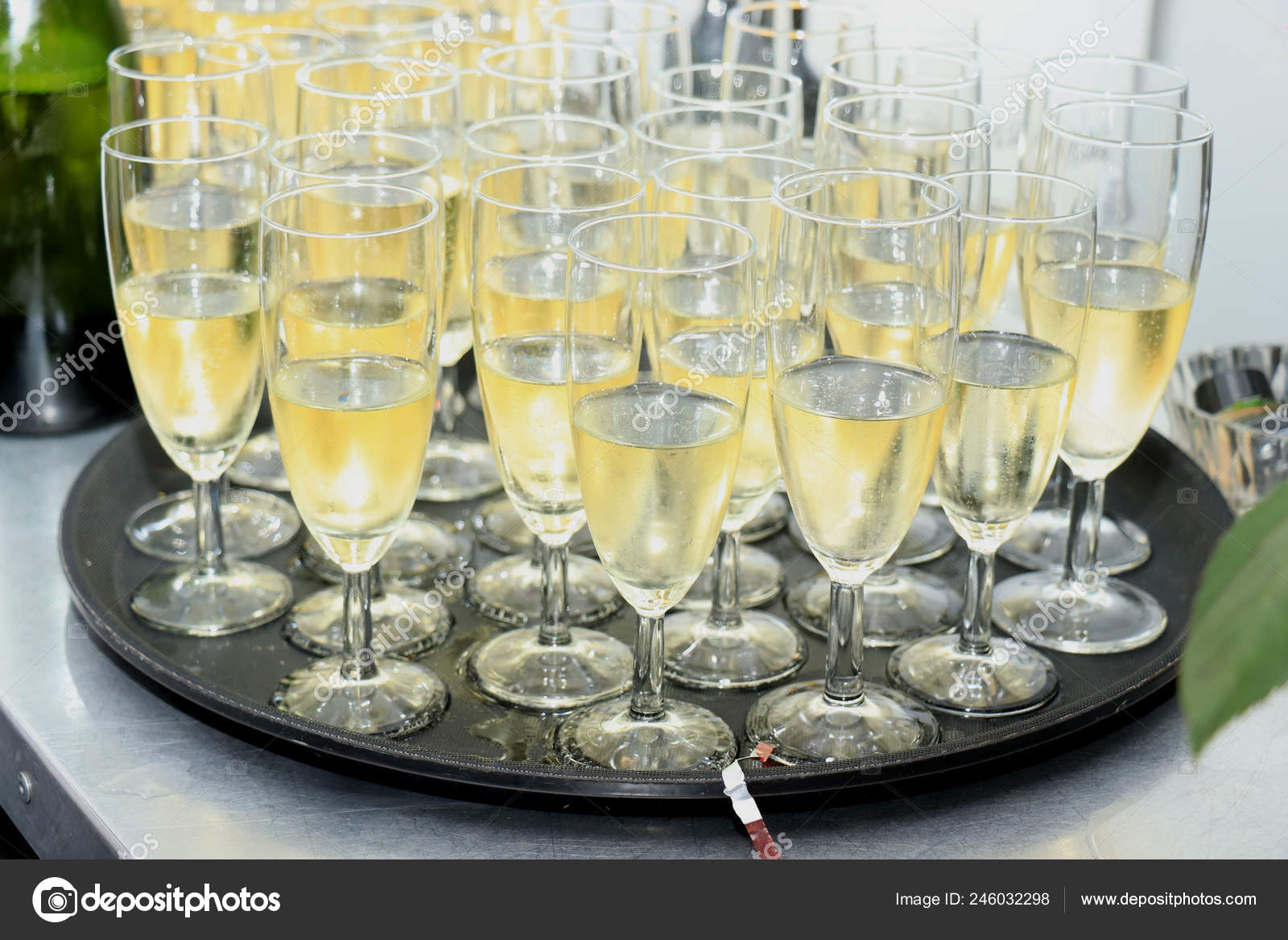 Glasses Champagne Tray Served Wedding Reception Stock Photo