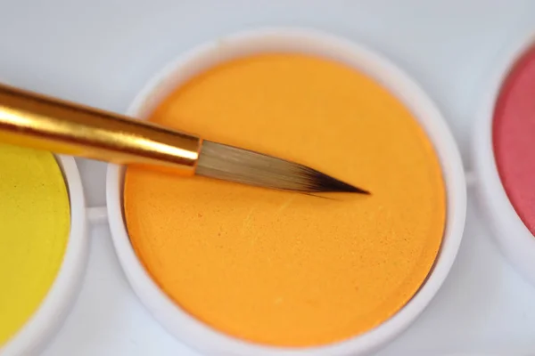 Orange Watercolor Paint Brush Close — Stock Photo, Image