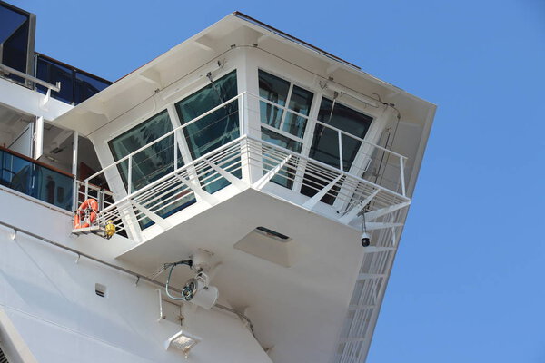 IJmuiden, The Netherlands - April, 7th 2019 Costa Mediterranea docked at Felison Cruise Terminal, detail of bridge