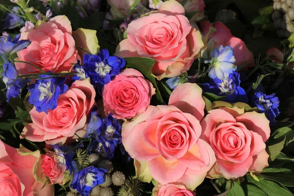 Rosa rosor och blå larkspur — Stockfoto