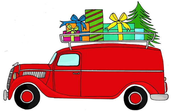 Handgezeichneter Lieferwagen mit Geschenken — Stockfoto