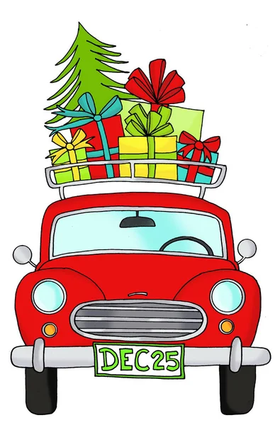 Hand drawn car with gifts