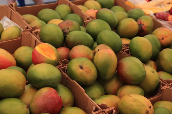 Verse mango's op een markt kraam — Stockfoto