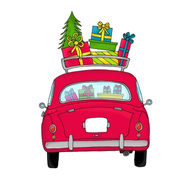 Eski moda bir bagaj rafında Noel hediyeleri olan eski model bir araba.