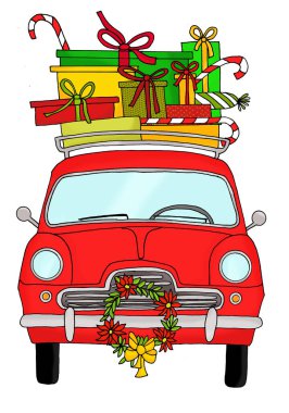 Eski moda bir bagaj rafında Noel hediyeleri olan eski model bir araba.