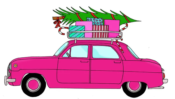 Ретро Автомобіль Різдвяними Подарунками Старомодній Багажній Полиці Ручна Розфарбована Акварель — стокове фото