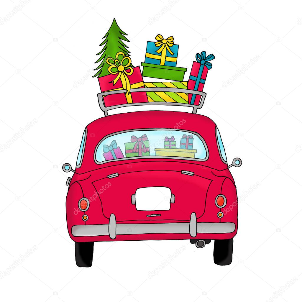 Retro car with Christmas gifts in an old fashioned luggage rack