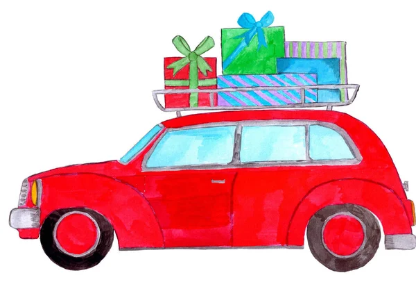 Voiture Rétro Avec Cadeaux Noël Dans Porte Bagages Ancienne Aquarelle — Photo