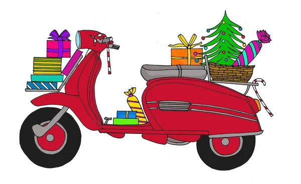 Scooter Dibujado Mano Con Regalos Navidad Portaequipajes — Foto de Stock