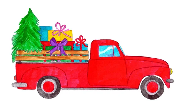 Retro Pick Truck Met Kerstcadeaus Met Hand Geschilderd Aquarel — Stockfoto