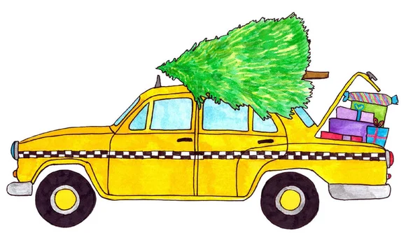 レトロな黄色のニューヨークタクシータクシークリスマスプレゼントやクリスマスツリーで 手描きの水彩画 — ストック写真