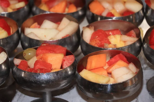 Fresh Fruit Metal Bowls Selfservice Cruise Ship Buffet Melon Pineapple — Stock Photo, Image