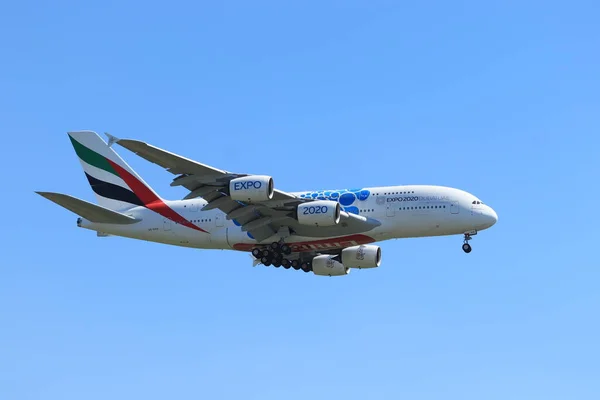 Amsterdam Paesi Bassi Agosto 2020 Evh Emirates Airbus A380 Avvicinamento — Foto Stock