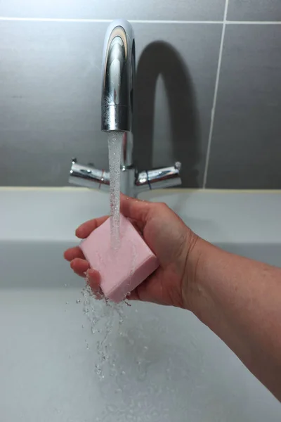 Woman Holding Piece Soap Wash Hands Hygiene Important Stop Covid — Stock Photo, Image