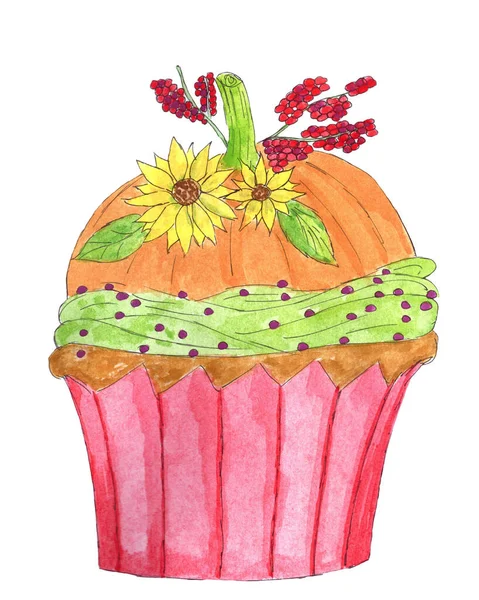 Thanksgiving Græskar Cupcake Med Dekorationer Håndtegnet Akvarel Illustration - Stock-foto