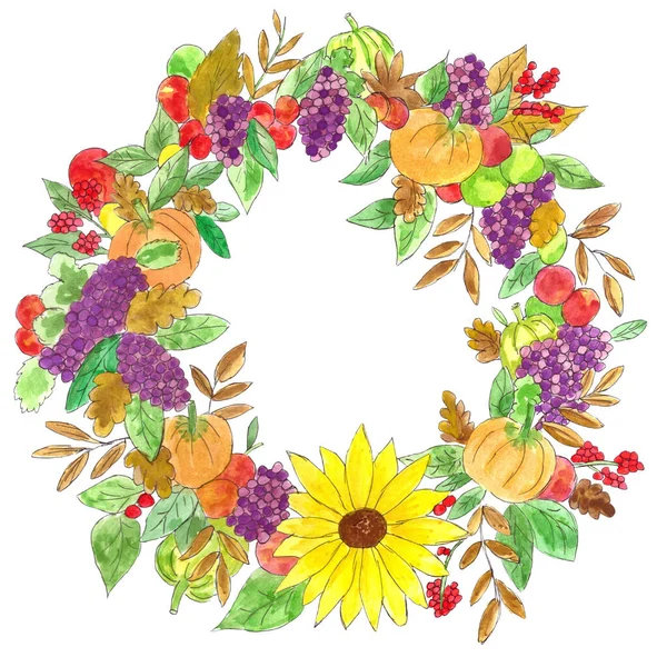 感謝祭の秋の花輪 手描き水彩画 — ストック写真