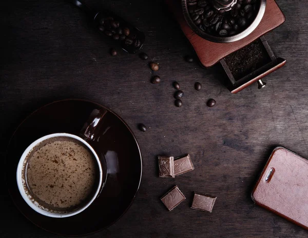 Coffee Cup Dark Wooden Background Vintage Coffee Grinder Mobile Phone Stock Image