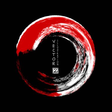 Beyaz ve kırmızı mürekkep vuruşu siyah arka plan üzerine yuvarlak. Japon tarzı. Grunge daire lekeleri vektör çizim