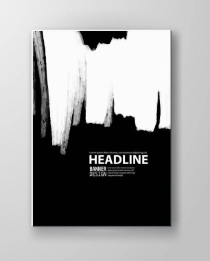 Siyah soyut tasarım. Broşürde mürekkep boyası, beyazda tek renkli element. Grunge afişi boyuyor. Basit bir kompozisyon. Sıvı mürekkep. Pankart, kart, poster, kimlik, web tasarımı için arkaplan.