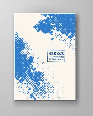 Yarı tonlar ana başlık. Mavi renk broşür. Sıkıntı dikdörtgen noktalar doku yerleşimi kirli hasar gördü. Grunge etkisi .