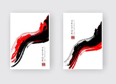Beyaz arka planda siyah kırmızı fırça darbesi. Japon tarzı. Grunge dalgası lekelerinin vektör illüstrasyonu. Vektör fırçaları resimleme.