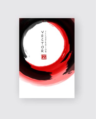 Kırmızı ve siyah arka plan ile mürekkep yuvarlak soyut. Japon tarzı kompozisyon. Duvar kağıdı, iç, el ilanı kapak, poster, afiş, kitapçık için agresif fütüristik dinamik arka plan.