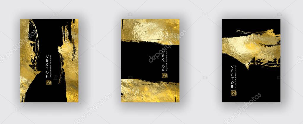 Vector Black and Gold Design Templates set for Brochures, Flyers, Mobile Technologies, Applications, Online Services, Typographic Emblems, Logo, Banners and Infographic. Golden Abstract Modern Background.