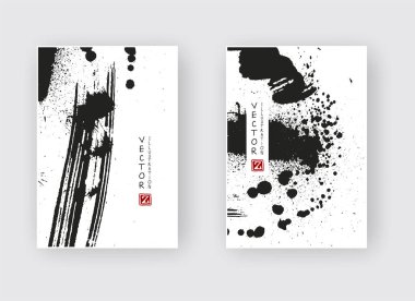 Beyaz arka planda siyah mürekkep fırçası darbesi. Japon tarzı. Grunge lekelerinin vektör illüstrasyonu