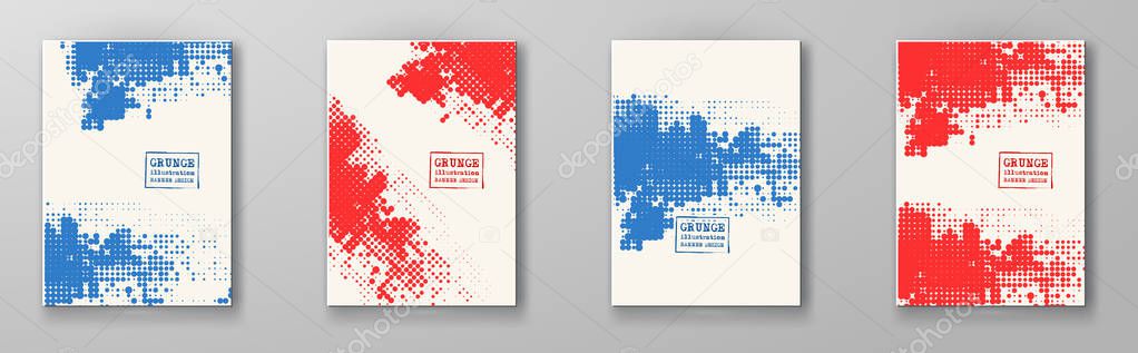 Halftones Banner. Blue red blue color Brochure set. Distress Dirty Damaged Spotted rectangle Overlay Dots Texture . Grunge Effect .
