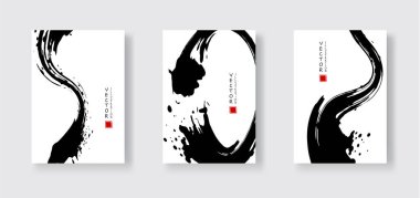 Beyaz arka planda siyah mürekkep fırçası darbesi. Japon tarzı. Grunge dalgası lekelerinin vektör illüstrasyonu. Vektör fırçaları resimleme.