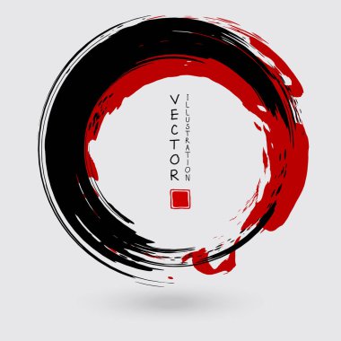 Beyaz arka planda siyah ve kırmızı mürekkep. Japon tarzı. Grunge Circle lekelerinin vektör illüstrasyonu