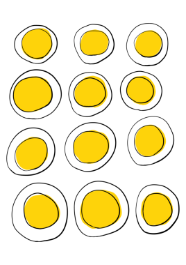 Sarı sarıları olan birden fazla haşlanmış yumurta yarısının basit bir tasviri. Kusursuz bir düzende dizilmiş, yemek tasarımı için mükemmel..