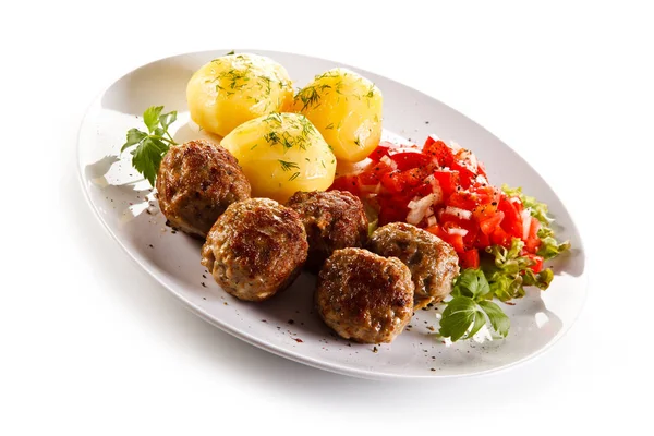 Roast Meatballs Potatoes Vegetable Salad — Stock Photo, Image