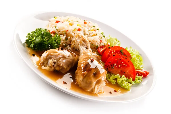 Roasted Chicken Drumsticks White Rice Vegetables — Stock Photo, Image