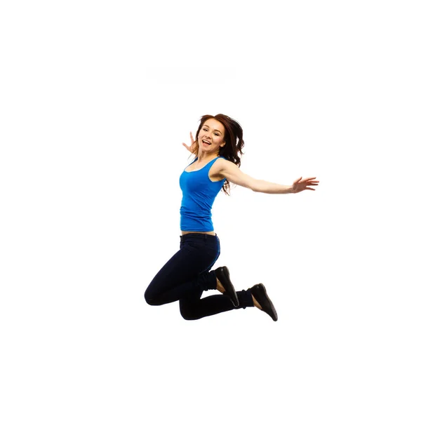Молодая Женщина Прыгающая Отдельно Белом — стоковое фото
