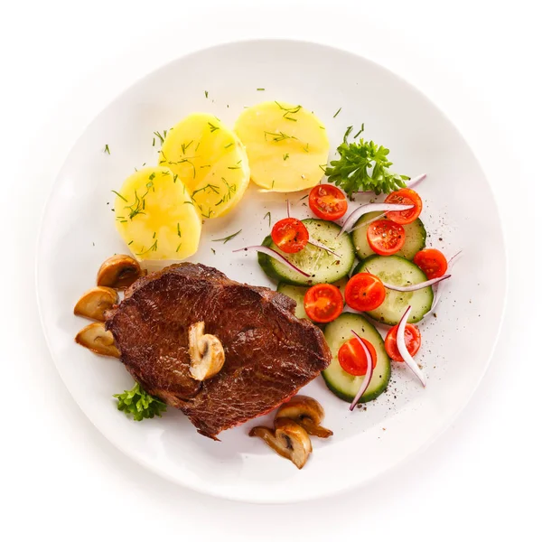 Pečený Steak Brambory Bílé Plotně — Stock fotografie