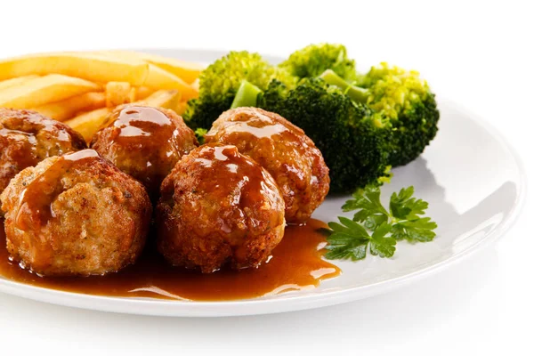 Close View Roasted Meatballs Sauce Boiled Broccoli French Fries White — Stock Photo, Image