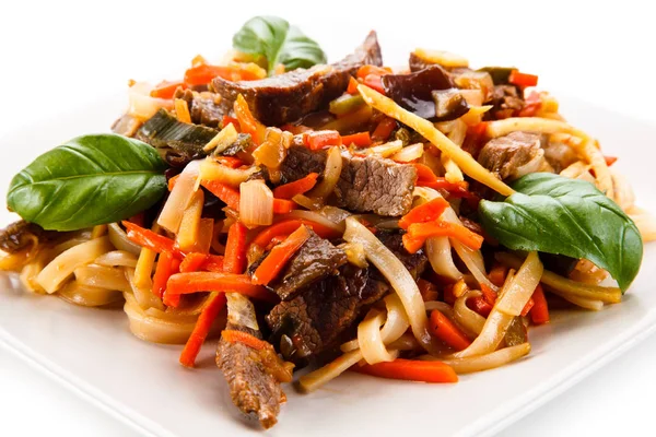 Noodles Beef Carrots Mushrooms Spinach — Stock Photo, Image