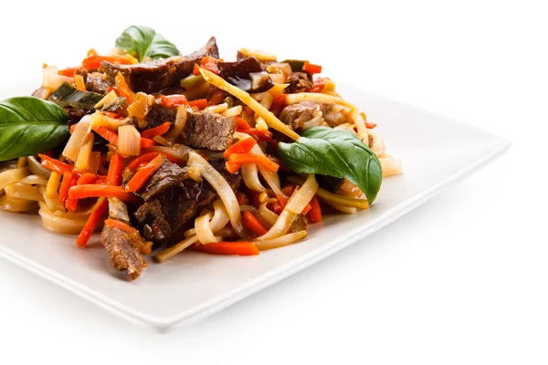 Noodles Beef Carrots Mushrooms Spinach — Stock Photo, Image