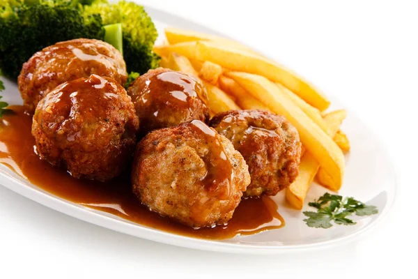 Close View Roasted Meatballs Sauce Boiled Broccoli French Fries White — Stock Photo, Image