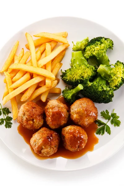 Roasted Meatballs Sauce Boiled Broccoli French Fries White Plate — Stock Photo, Image