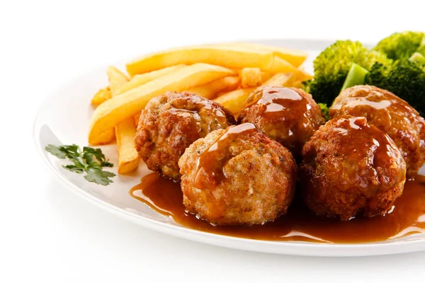 Close View Roasted Meatballs Sauce Boiled Broccoli French Fries White — Stock Photo, Image